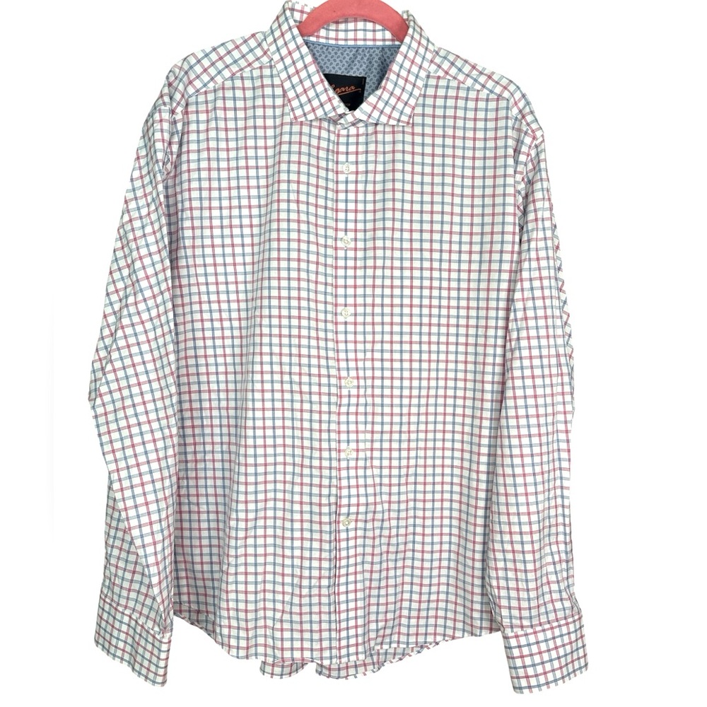 Egara Mens Long Sleeve White Pink Blue Button Shirt Slim Fit Stretch Size XXL
